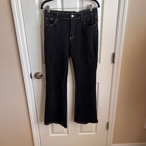 Black‎ Flare Jeans XL High Waisted Flower Pocket Detail White Stitching Retro